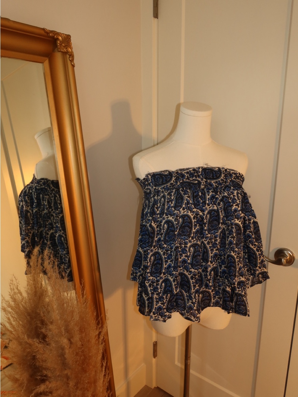 Blue Paisley Strapless Ruffled Top / Skirt